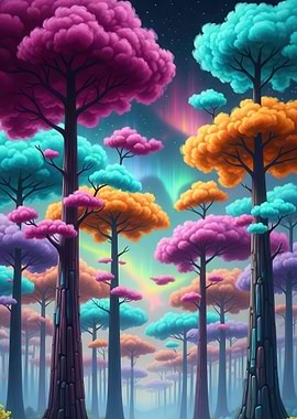 Enchanted Forest with Aurora Borealis