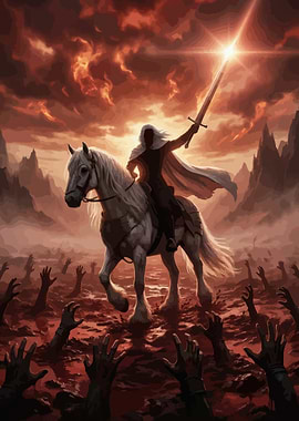 Warrior on Horseback in Fiery Landscape
