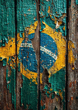 Rustic Brazilian Flag on Wood Texture