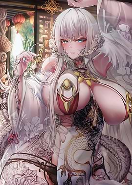 Elegant Woman in White Dragon-Themed Attire