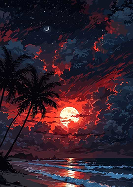 Crimson Sunset Beach with Palm Trees