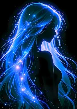 Woman with glowing blue hair