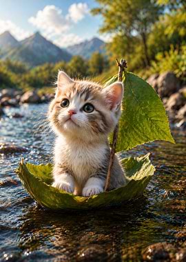 Kitten sailing on a leaf boat