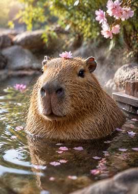 Capybara Relaxing in Hot Spring with Flowers