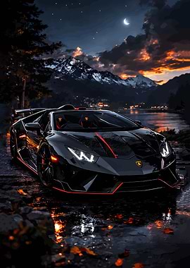 Black Lamborghini by a Lake at Dusk