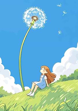 Girl and Dandelion in the Wind