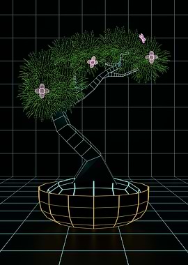 Low poly Wireframe Bonsai Tree with Flowers