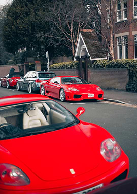 Red Ferraris Lined Up on Street