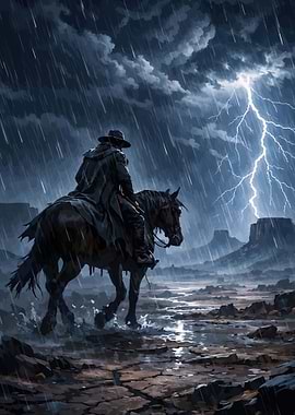 Cowboy Riding Horse in Lightning Storm