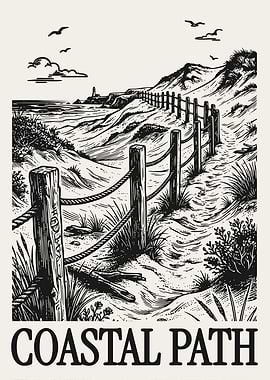 Beach Path Fence Vintage Engraving Coastal Poster Seaside Trail Wall Art