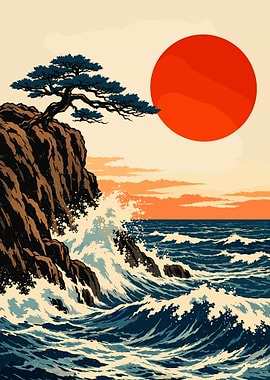 Vintage Japanese Wave Red Sun