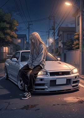 Girl on a Car at Night