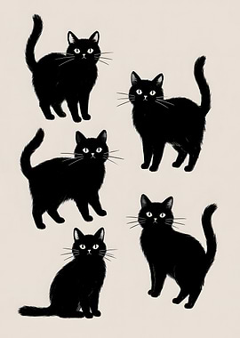 Five Black Cats Illustration