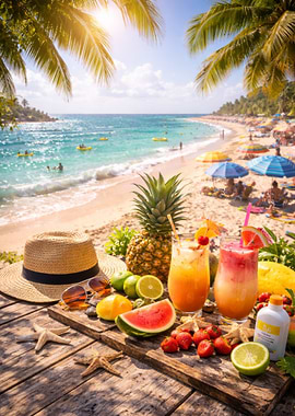 Tropical Beach Vacation Drinks and Fruit