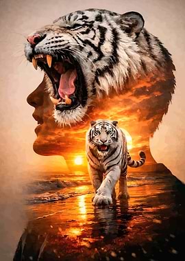 Tiger Face Overlay on Sunset Beach