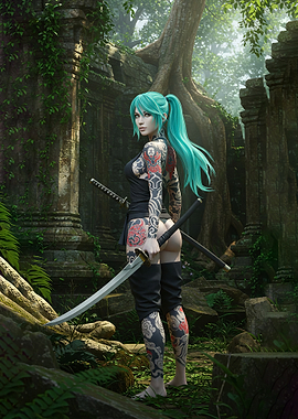 Tattooed Samurai Woman in Ruins