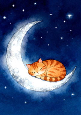 Cute Orange Cat Sleeping on a Crescent Moon