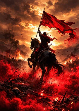 Warrior on Horseback with Red Flag