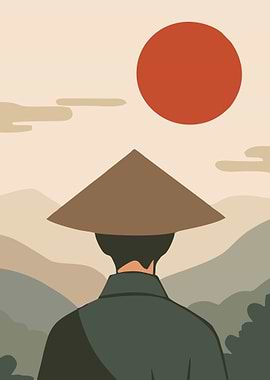 Man in Conical Hat Facing Sunrise