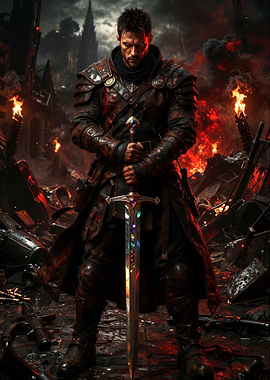 Warrior with jeweled sword in fiery ruins