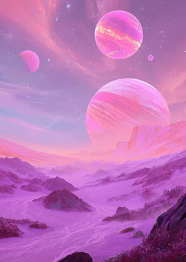 Alien Planet Landscape with Pink Gas Giants