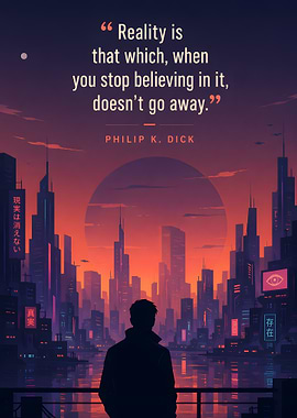 Man overlooking futuristic cityscape at sunset