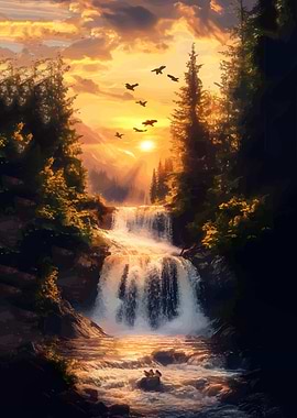 Sunset Waterfall with Birds