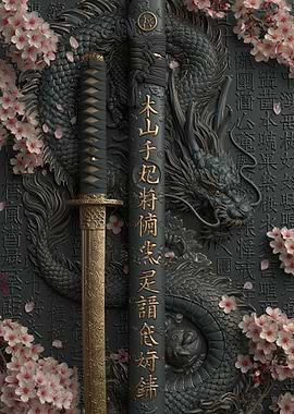 Dragon and Katana with Cherry Blossoms