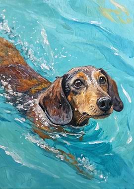 Dachshund Swimming in Blue Water