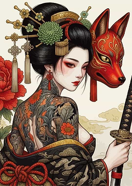 Geisha with Fox Mask and Katana