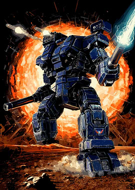 BattleMech firing weapons in explosion