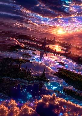 Surreal Floating Cityscape at Sunset