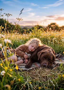 Child and dog sleeping in a field