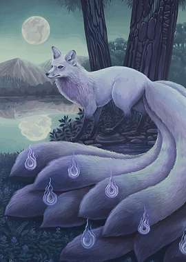 Mythical White Fox with Nine Tails