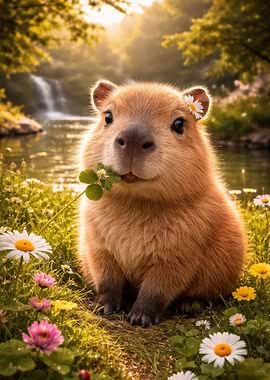Cute Capybara in a Field of Flowers