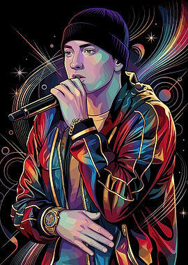 Eminem performing with colorful background