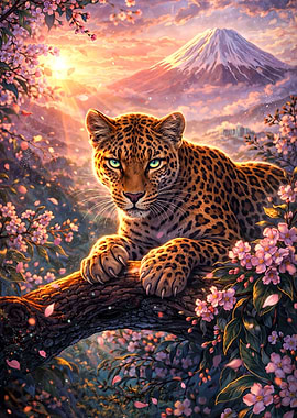 Leopard in Cherry Blossoms with Mount Fuji
