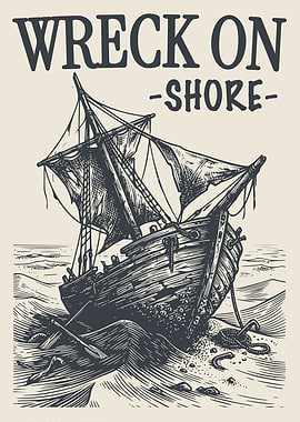 Shipwreck Beach Vintage Engraving Coastal Poster Ocean Wreck Shore Wall Art