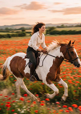 Woman Riding Horse Through Poppy Field