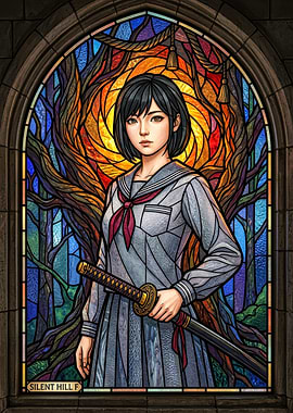 Stained Glass of a Schoolgirl with a Katana