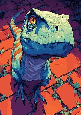 Blue Raptor Dinosaur on Red Tiles