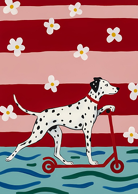 Dalmatian on a Scooter with Flowers