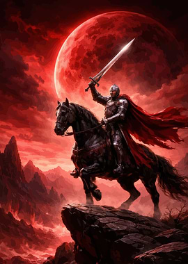 Knight on Horse Under Red Moon