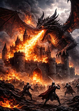 Dragon attacking a burning castle