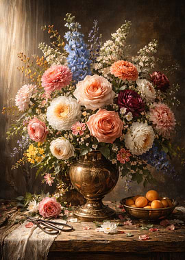 Ornate Vase of Roses and Delphiniums