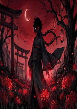 Anime Character in Red Moonlit Shrine