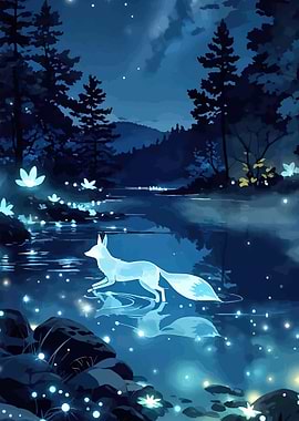 Magical Fox by a Starry River