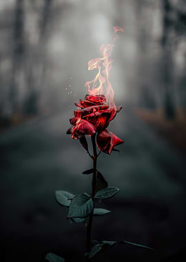 Burning Rose on a Misty Road