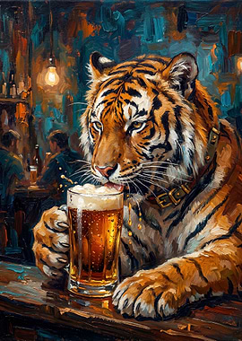 Tiger drinking beer in a bar