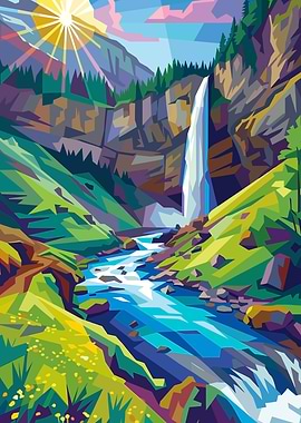 Geometric Waterfall Landscape
